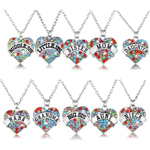 Family Necklace Love Heart Colorful Crystal Charm Pendant Necklace Nana Grandma Sister Mom Daughter Aunt Niece Best Friend Gifts