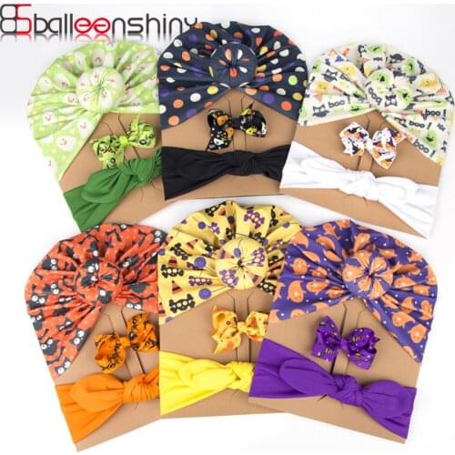 Balleenshiny 3pcs Halloween Baby Hat Rabbit Ear Headband Set Soft Bowknot Kid Accessories Elastic Twist Knot Newborn Beanie Cap