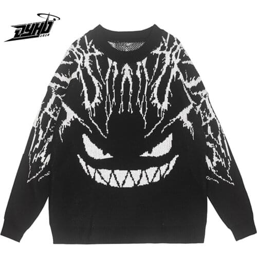 Dark knitted Sweater Men Women Japanese Style Cartoon Devil Streetwear Pullover 2021 Autumn Harajuku Cotton Sweater Unisex Thin