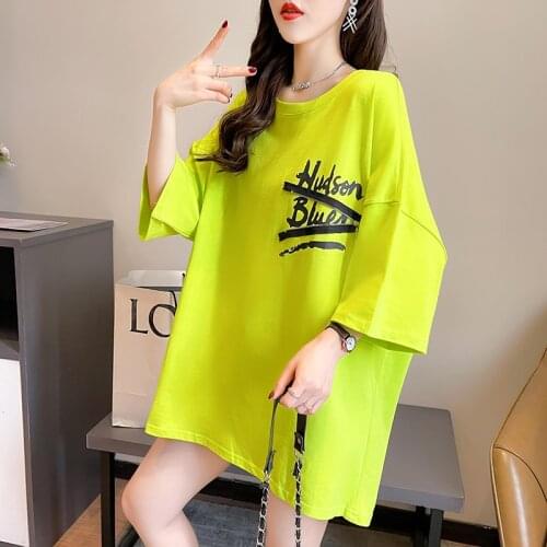 Short-sleeved T-shirt Womens Summer New Round Neck Mid-length Girl Tops Plus Size Loose Women Tshirts