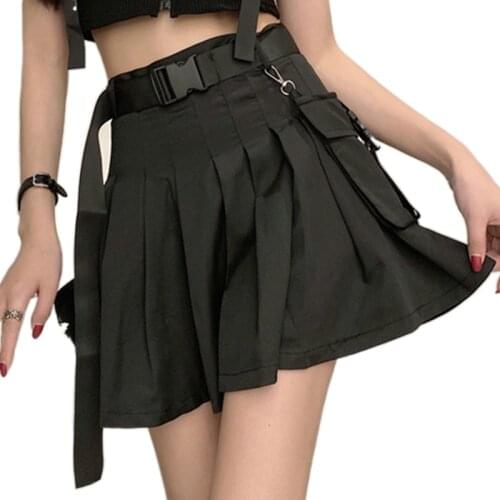 Hot Summer A-line Women Sexy Mini High Waist Skirt Streetwear Women Punk Style Side Pocket Fashion Design Pleated Skirt 2019