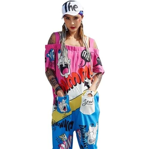 Female Summer Slash Neck Tank Calf-Length Pants Jumpsuits Women Cartoon Letter Print Cute Playsuits Plus Size Loose Rompers Z222