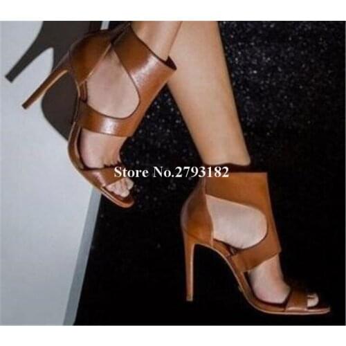 Women Western Style Open Toe Thin Heel Gladiator Sandals Cut-out Back Zipper-up High Heel Sandals Dress Shoes