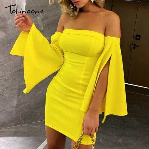 Tobinoone Elegant women dress Off Shoulder Split Bell Sleeve Dress female spring summer sexy dress Chic ladies club vestidos