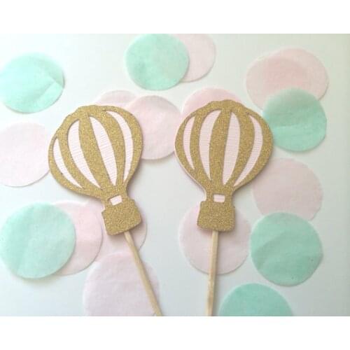 Gold Glitter & Pink Hot Air Balloon cupcake toppers fruit Picks Bridal baby shower Bachelorette party decorations