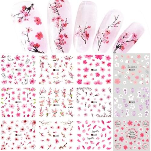 12pcs Flower Nail Sticker Spring Pink Peach Blossom Sakura Cute Bear Elk Water Transfer Decal Nail Art Decoration NLA1621-1632