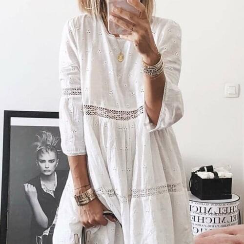 2021 New Women Elegant Embroidered Lace Dress White Female Splicing Dress Floral Hollow Out Loose Casual Party Plus Size S-5XL