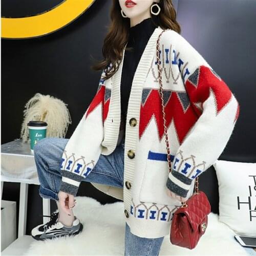 2020 Autumn and Winter Long Cardigans Vintage Print V Neck Women Sweaters Singel Breasted Autumn Winter Warm Sueter Mujer Korean