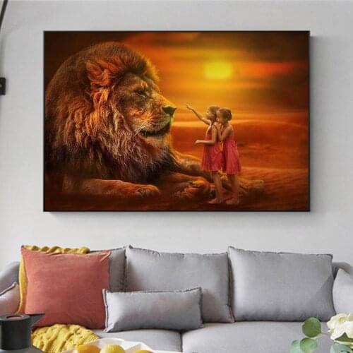 Twins With Lions African Art Canvas Paintings on the Wall Art Posters And Prints African Landscape Art Pictures Home Wall Decor