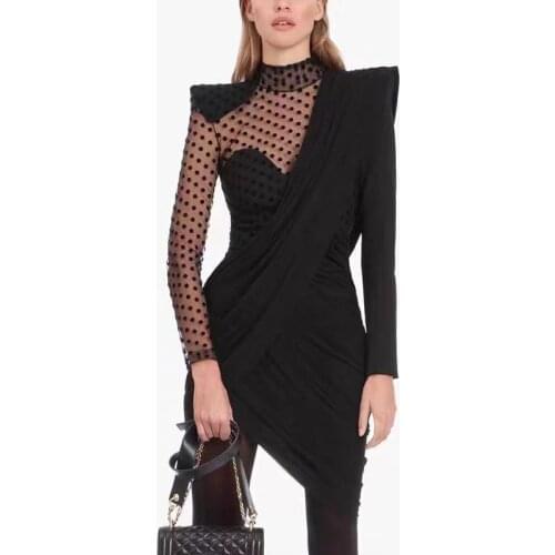 DEIVE TEGER Irregular Long Sleeve Black Mesh Dots Night Club Vestidos Bodycon Autumn Winter Mini Dress For Women 8400