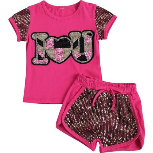 Childrens Two Piece Set Baby Sequins Color Matching Short Sleeve Crew Neck Shirt Infants Shorts Suit