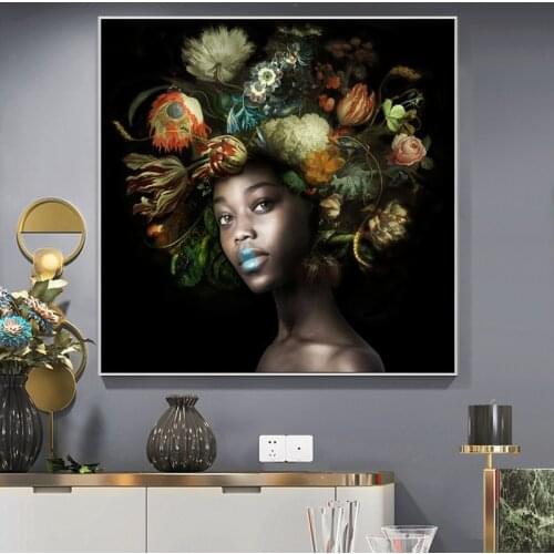 African Women with Flowers on Head Oil Painting on Canvas Posters and Prints Black Girl Wall Art Picture for Living Room Cuadros