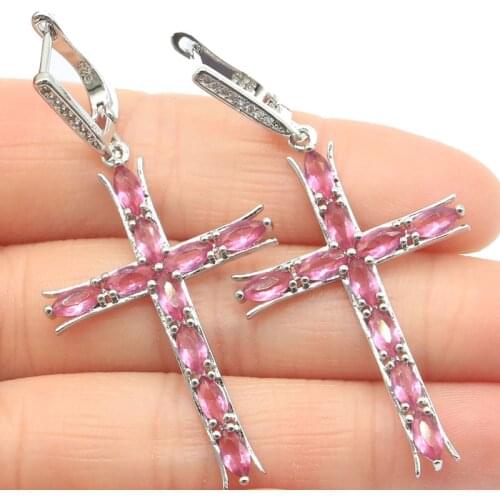 55x27mm SheCrown Classic Long Cross Pink Tourmaline White CZ Womans Silver Earrings