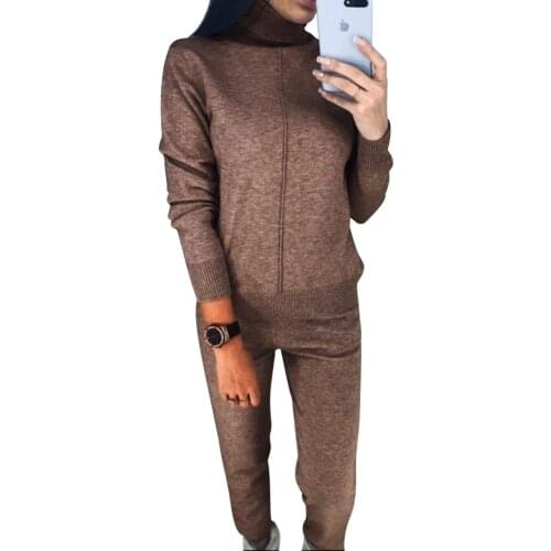 Amolapha Women Winter Turtleneck Sweaters Pants Set Knit Long Sleeve Solid Pullover Tops Trousers 2PCS Costumes Suits for Woman