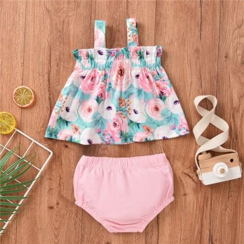 Summer 2Pcs Little Girls Set Children Sweet Floral Printing Sleeveless Ruffle Suspender Top + Solid Color Shorts Outfit