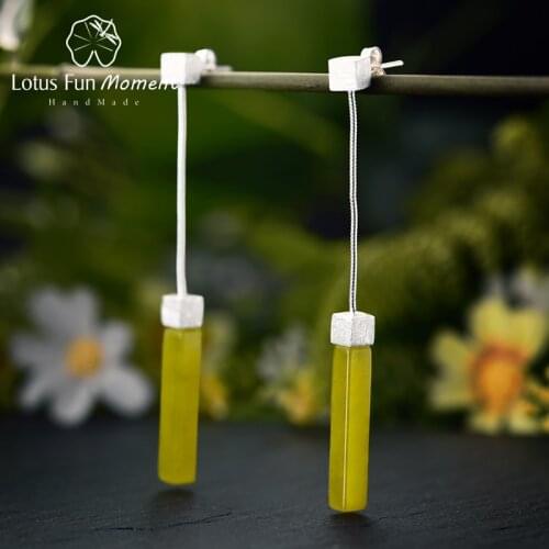 Lotus Fun Moment Real 925 Sterling Silver Natural Stone Handmade Fashion Jewelry Minimalism Square Dangle Earrings for Women