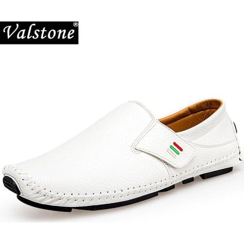 Valstone Leather Men Moccasins Soft Casual Loafers handmade Leisure shoes Breathable Slip-On flats Comfortable for drive white
