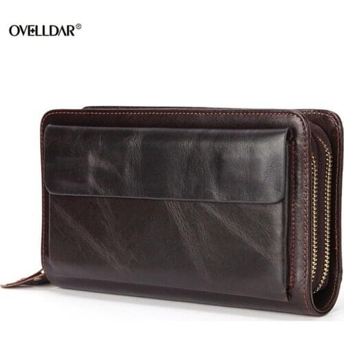 Mens Genuine Leather Long Purse Casual Leather Clutch Bag Top Layer Cowhide Wallet Bag Multifunctional Clutch Large Capacity