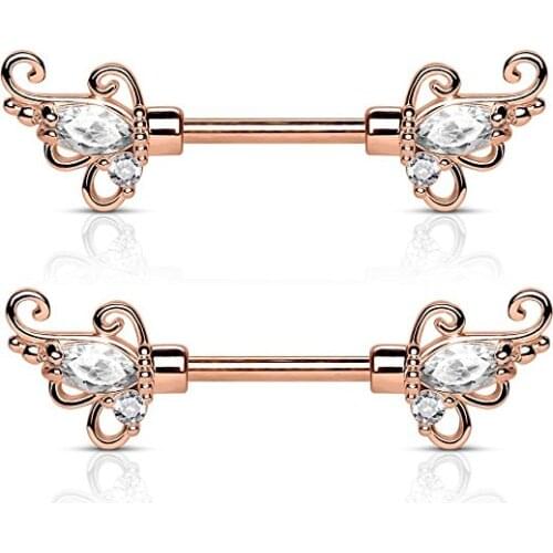 CZ Set Floral Filigree Nipple Barbells in 14G 316L Stainless Steel - Sold as a Pair - Available in Multiple Colors