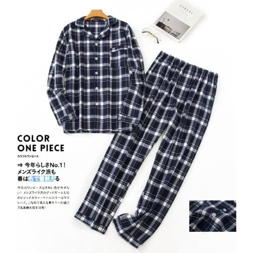 New Mens Plaid 100% Cotton Pyjamas Set Long-sleeved Print Pajamas Turn-down Collar Button Homewear Suit Autumn Winter Sleepwear