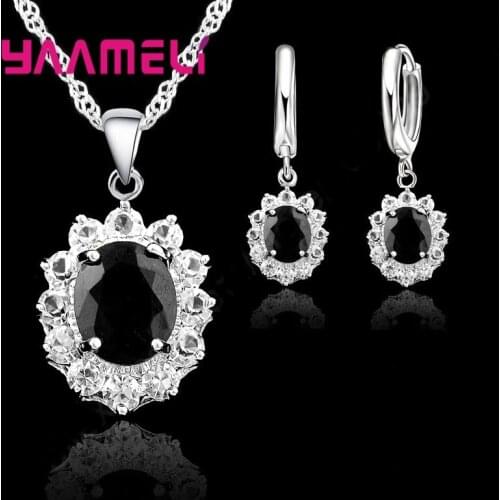 Classic Princess Oval Cut CZ Crystal Cubic Zircon Necklace Earrings Sets Fine 925 Sterling Silver Jewelry for Women Wedding