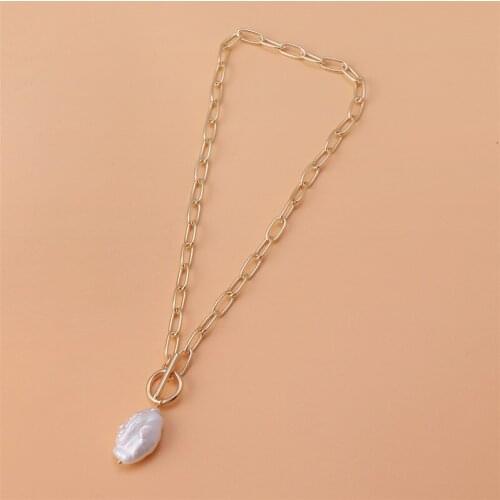 Minar Statement OT Clasp Link Chain Necklace for Women Girls Natural Freshwater Pearl Shell Pendant Necklace Stylish Accessories