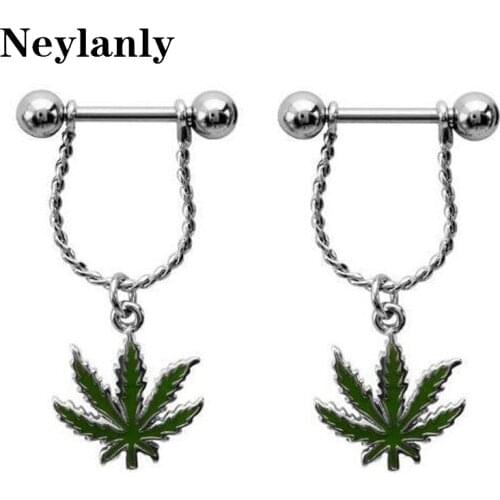 2020 Fresh Summer Style Green Leaf Nipple Piercing, Sexy Bar Rings Jewelry Creative Punk Body Jewellery Women Men Gift 2PC R0005
