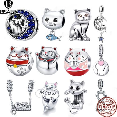 Cat 925 Sterling Silver Beads Sleeping LazyCat Moon Story Pussy Animal Beads Fit Charms Silver 925 Bracelet Fine Jewelry Making