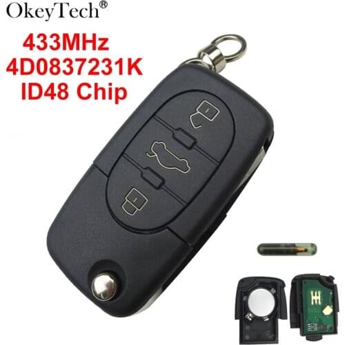 OkeyTech 3 Button 433Mhz 4D0837231K ID48 Transponder Chip For Audi A6 TT Old Models Folding Flip Key Remote Control Car Key Fob