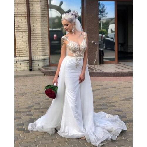 Gorgeous Applique Lace Vestidos De Novia Shining Sequins Tulle Mermaid Wedding Dresses Bridal Gown With Detachable Train