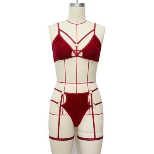 Sexy Underwear Set with Garter Belts Velvet Harness Women Sleepwear Lingerie Bra and Panty Set Bras Red Nighty Hot Erotic