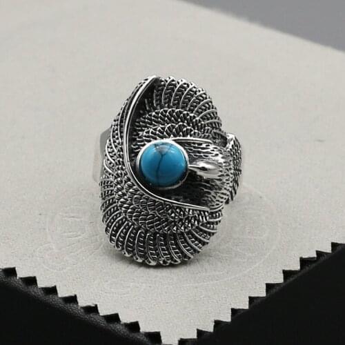 Sterling Silver Middle Finger Ring Silver Jewelry Business Men Turquoise Eagle Feather Thai Silver Ring