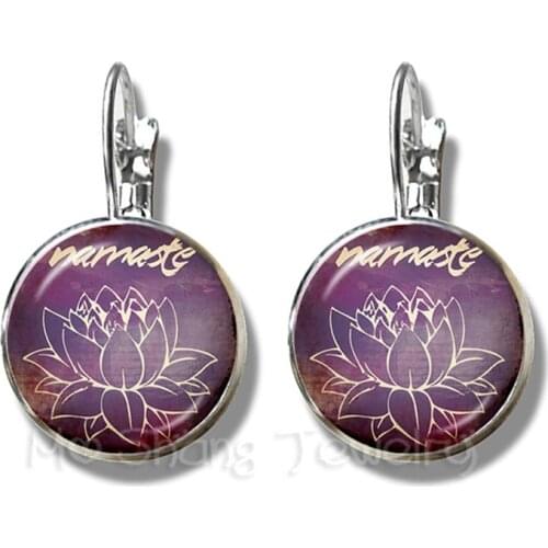 1pc OM Yoga Jewelry Earrings OM Symbol Buddhism Zen Unique Mandala Flower 16mm Glass Dome Henna Silver Plated Stud Earrings