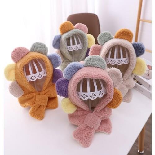 3-7Years Childrens 3D Flower Hat Autumn Winter Warm Baby Woolen LaLambswool Caps Boy Girl Neck Suit Beanies Hat And Scarf Set