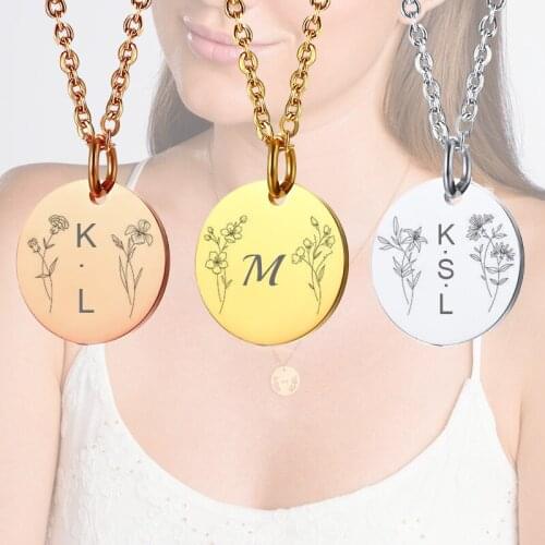 Stylish Stainless Steel Disc Necklace Pendant for Women, Engraved Custom Flower Initinal Circle Collar