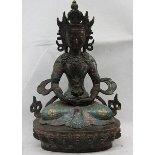 Free shipping S2637 12 Tibet monastery old Bronze copper Cloisonne Longevity Amitayus Buddha Statue bronze