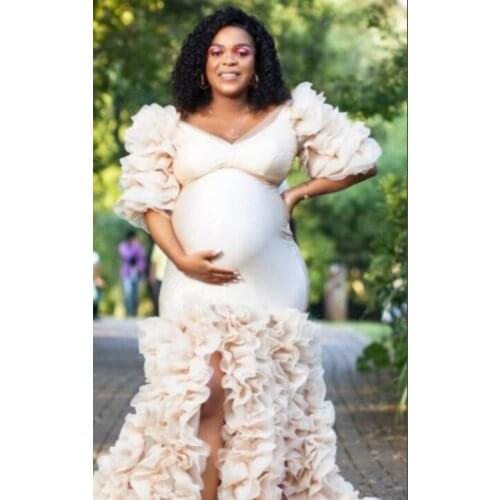 Pregnant Women Unique Prom Dresses Robes for Photo Shoot or Baby Shower Custom Made Maternity Photoshoot Fluffy Tiered Robes