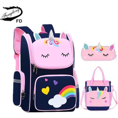 Fengdong cute 3D cartoon school backpack set elementary school bags for girls rainbow love heart children pen pencil handbag set