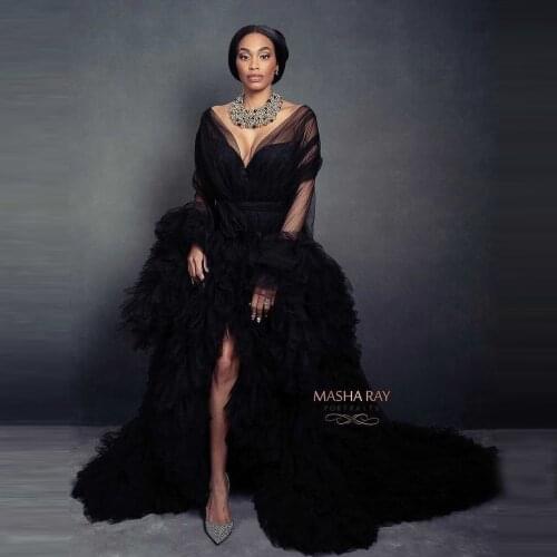 Elegant Black Tulle Maternity Dressing Gowns Long Sleeves Side Slit V Neck Sexy Sheer Tulle Photo Shoot Pregnancy Robes