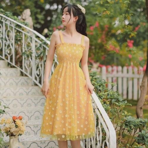 Women Fairy Dress 2021 Summer New Ruffled Tube Top Sweet Elegant Little Daisy Print Gentle Mesh Sling Dress Vestido de mujer