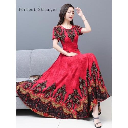 2020 Summer New Arrival High Quality Short Sleeve O Collar Flower Printed Chiffon Women Long Dress