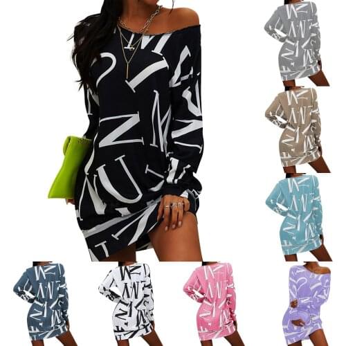 Female Loose Dress for Women, Letter Print Round Neck Long Sleeve for Ladies, S/M/L/XL/XXL/XXXL