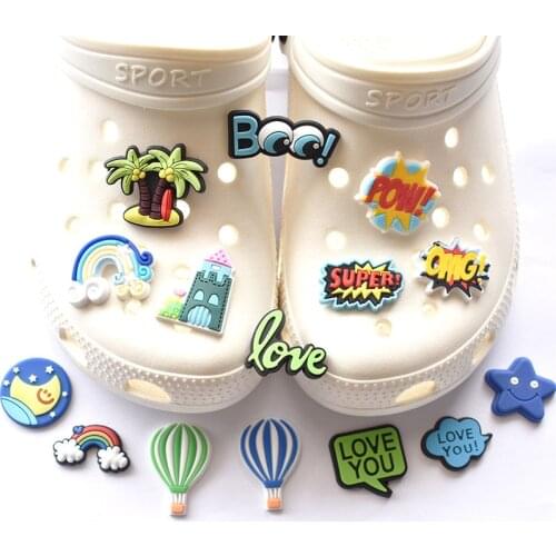1pcs Shoe Decoration Buckle Charms coconut tree fire balloon seashore pin for croc JIBZ kids birthday party Gifts wholesale