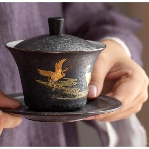 130ml Ceramic Gaiwan Tea Bowl with Lid Saucer Kit Tea Ceremony Tea Cup Handmade Tureen Chinese Kung Fu Tea Set Drinkware
