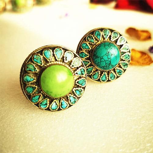 2021 Spring Fashion Rings White Metal Copper inlaid Turquoises Big Flower Ring Nepal Vintage Jewelry R231