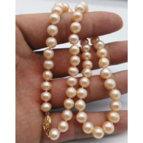 AAA+ 9-10mm south sea pink natural round pearl necklace 18 inch 14KGP yellow