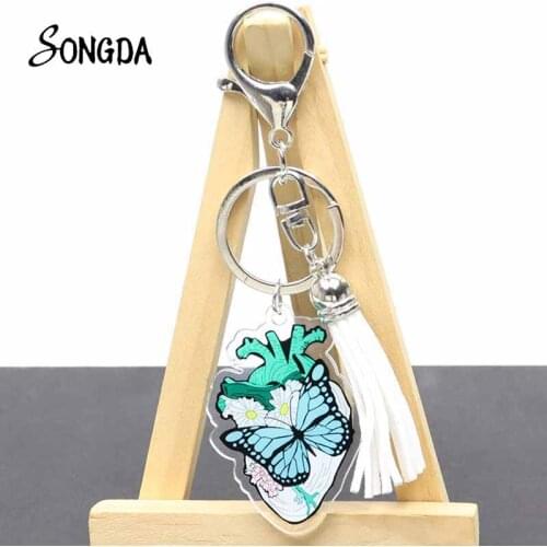 Anatomical Human Heart Butterfly Rose Love Art Heart Tassel Acrylic Pendant Keychain Key Ring Double Sided Jewelry Accessories