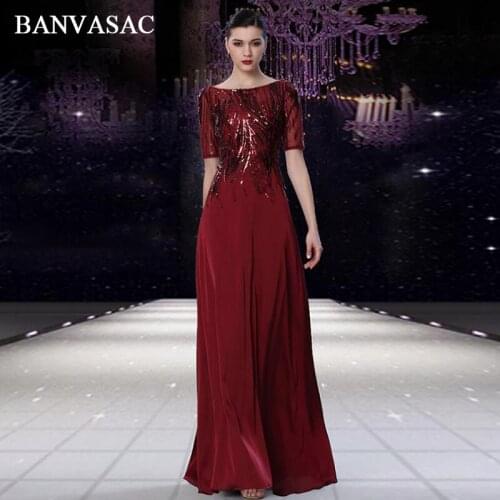 BANVASAC Elegant O Neck Luxury Sequined A Line Long Evening Dresses Illusion Short Sleeve Satin Party Prom Gowns