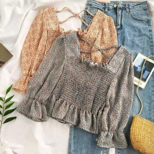 Women Fashion Floral Print Cropped Blouses Women Vintage Square Neck Long Sleeve Elastic Female Shirts Chic Tops