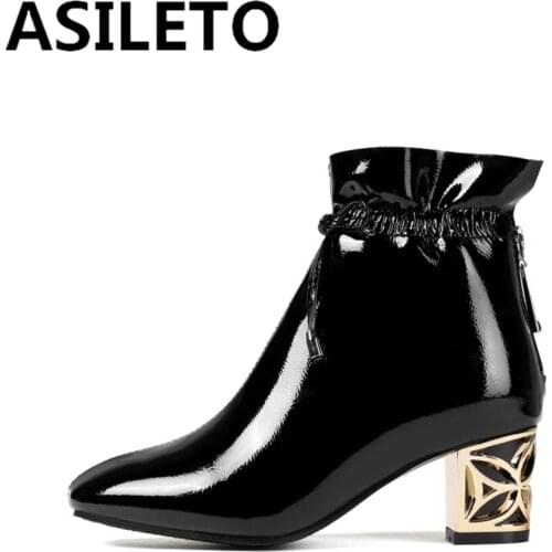 ASILETO Fashion Ankle boots Round toe Fretwork heels PU Butterfly-knot Zipper Big size 34-45 Black White Date S1940